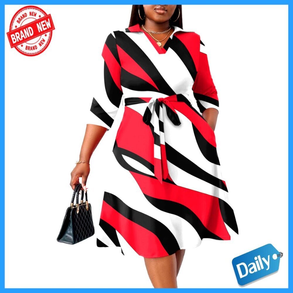 Plus Size Midi Dress 3/4 Sleeve V Neck Elegant Cocktail Party Formal Wear